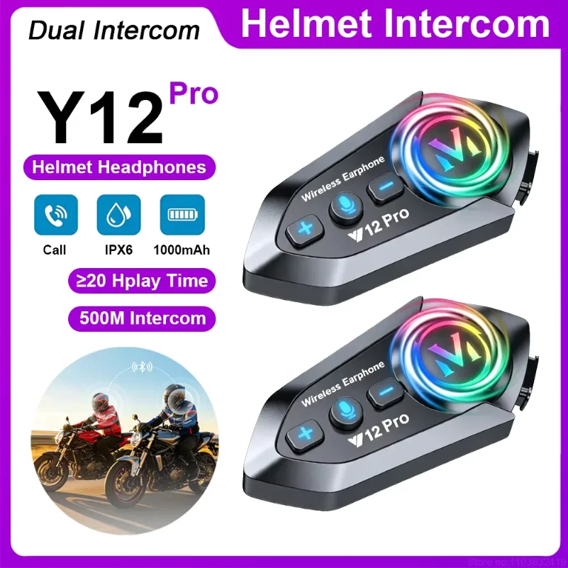 Motorcycle Helmet Intercom Headset Y12 Pro Wireless Bluetooth Earphone For iPhone Android Moto Walkie Talkie Mic Helmet Headset