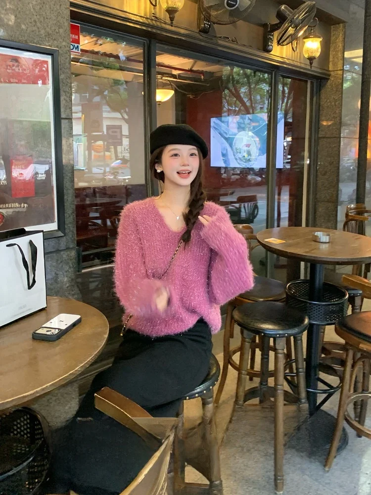 

iny Tead Loose Winter Sweater Ele Sle Casual Faion Women's Knitwear Soft Pure Color round Ne Long Sve