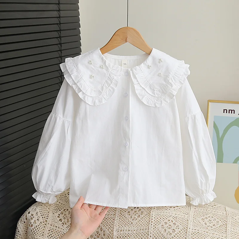 2026 New White Cotton Shirt For Little & Medium Girls, Spring Autumn Basic Blouse Kids Casual Layering Tops
