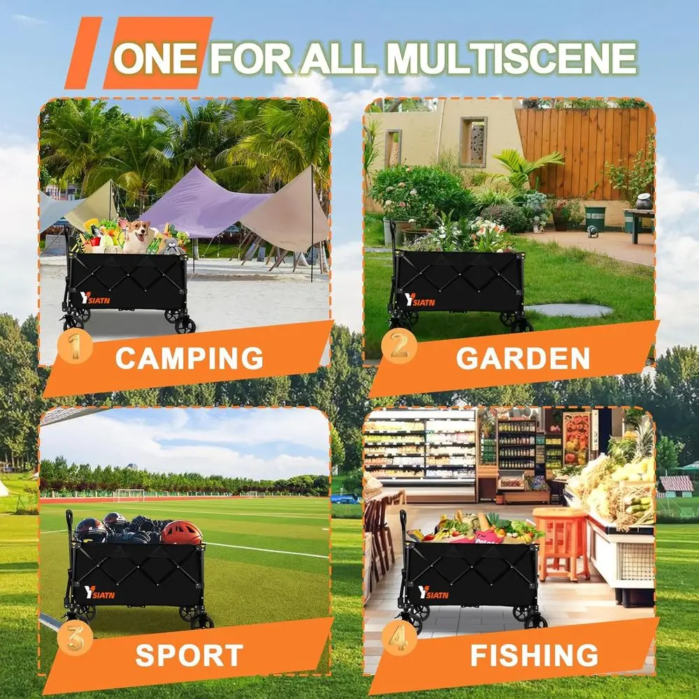全地形対応折りたたみワゴン、130L容量、ショッピング、ビーチ、スポーツ、釣り、キャンプ用の頑丈なユーティリティカート、ブラック