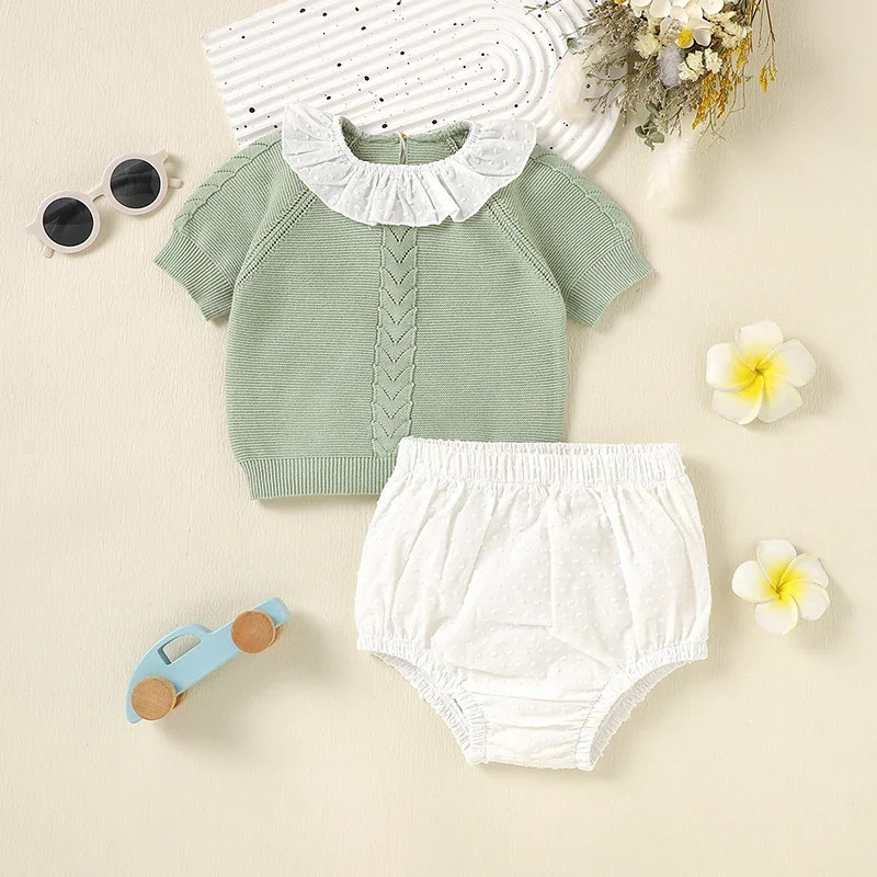 Infant Baby Clothes Sets Cotton Knit Newborn Girls Boys Pullover +Shorts Star Children Kid Sweater +Pants Fashion Ruffles Collar