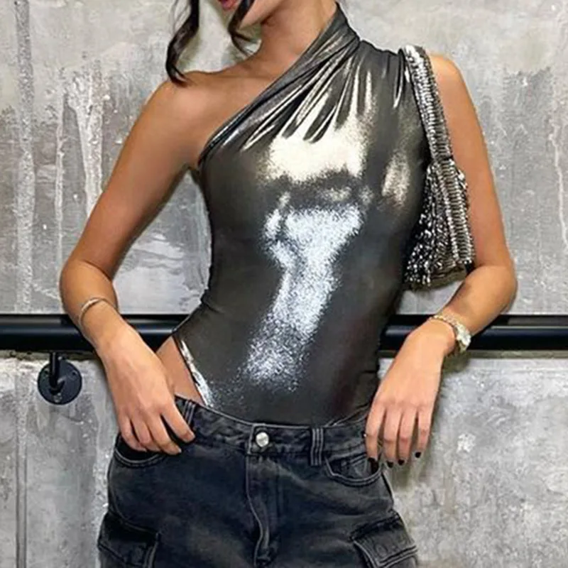 Nightclub Bar Singer Performance Clothing Sexy Spicy Girl Outfit Cool Diagonal Shoulder Silver Reflective Tight Fitting Jumpsuit