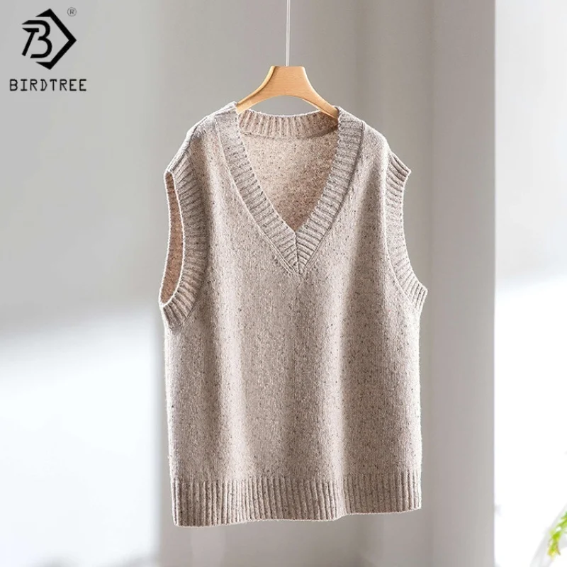 

Birdtree, 80% мериносовая шерсть, 20% нейлоновый жилет в стиле ретро, женский вязаный мягкий свитер без рукавов с v-образным вырезом, осенне-зимний жилет 2025 T5O537JF