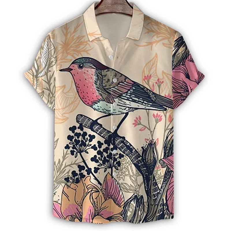 Cool Snake Birds Sparrow Hawaiian Shirt Men Summer Short Sleeves 3d Printed Lapel T Shirts Street Animal Pattern Button Blouse