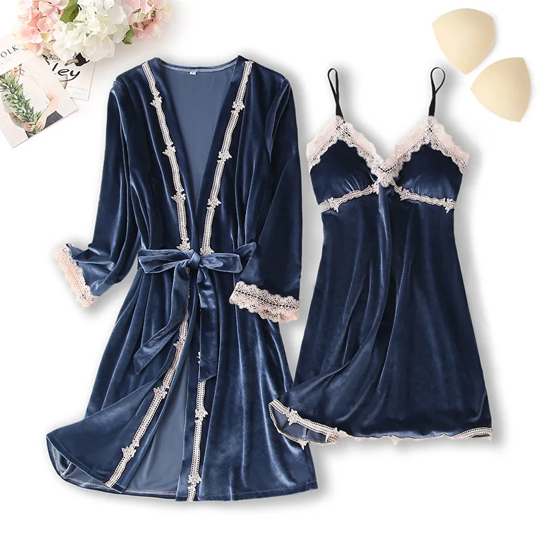 

Spring Autumn Velour Sleepwear Soft 2PCS Nighty&Robe Suit Casual Nightwear Nightgown Velvet Kimono Bathrobe Gown Nightdress