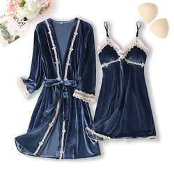 Spring Autumn Velour Sleepwear Soft 2PCS Nighty&Robe Suit Casual Nightwear Nightgown Velvet Kimono Bathrobe Gown Nightdress