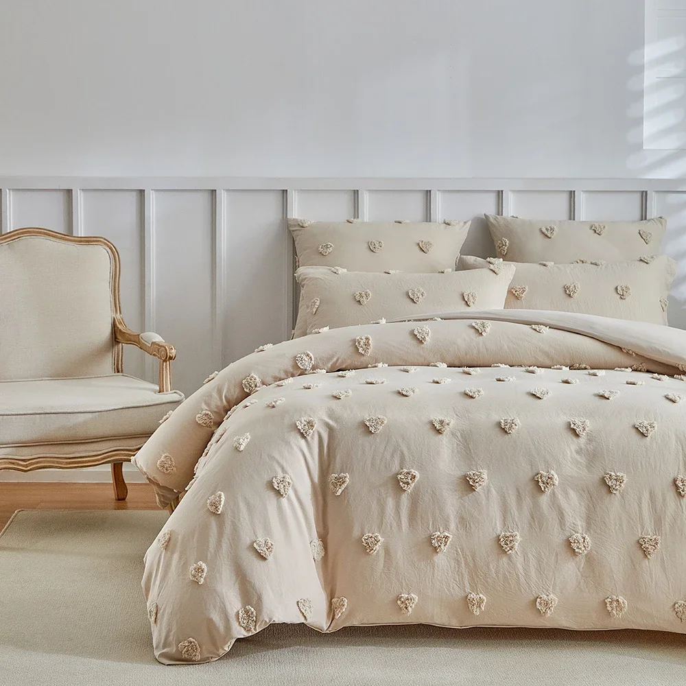New Heart-shape Tufted Duvet Cover Set Queen Solid Color Tufting Comforter and Pillowcases Soft Skin-Friendly Quilt Covers King