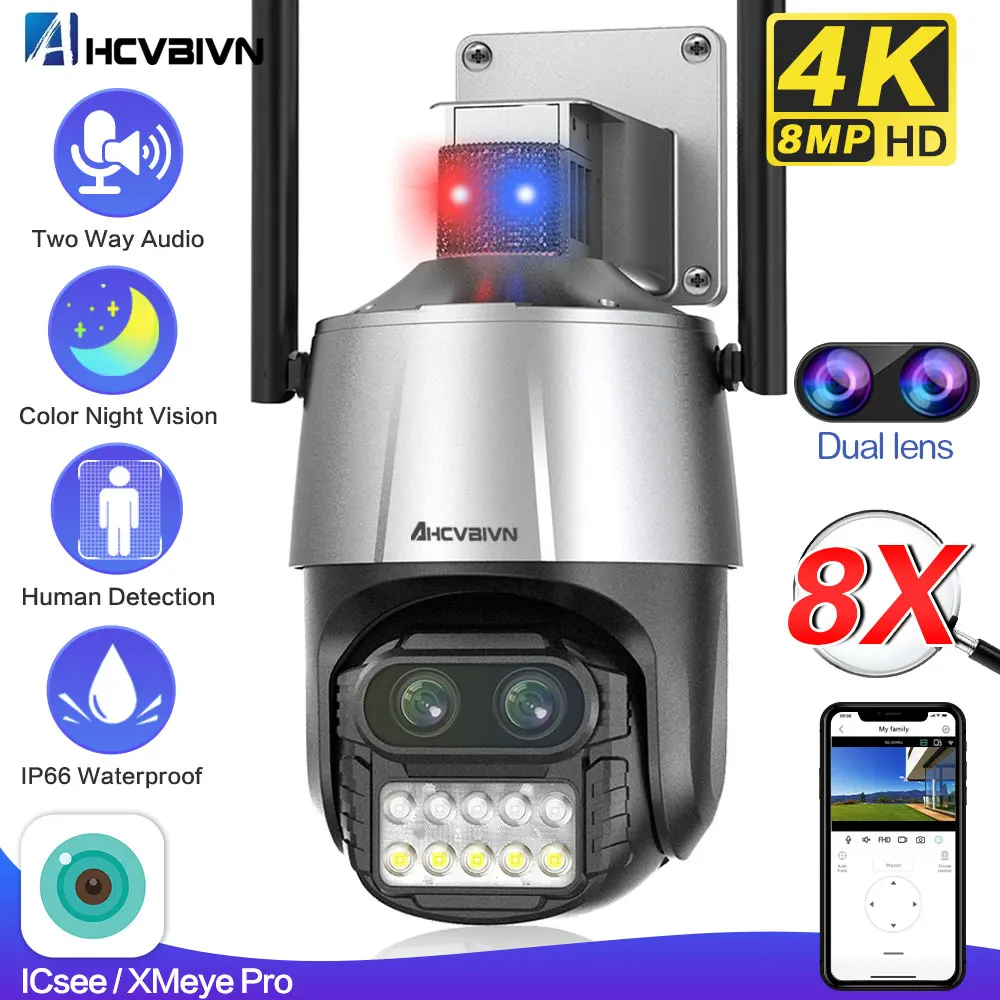 

AHCVBIVN 4K 8MP Dual Lens Wifi IP Camera 8X Zoom Outdoor PTZ Camera Auto Tracking 4MP CCTV Surveillance Support XMEye iCsee