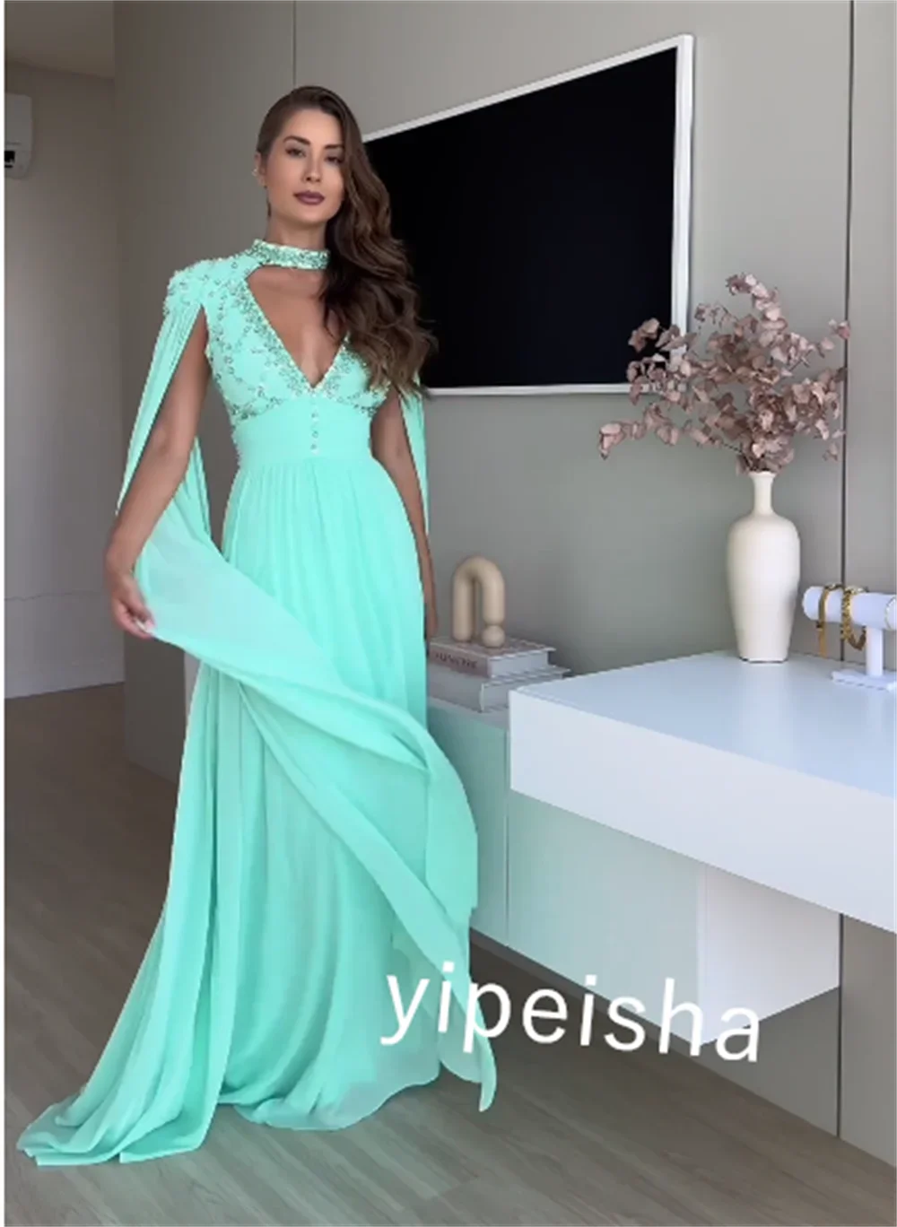 Vestidos largos personalizados del vestido de ocasión a medida del cuello alto de una línea de fiesta de lentejuelas de la gasa