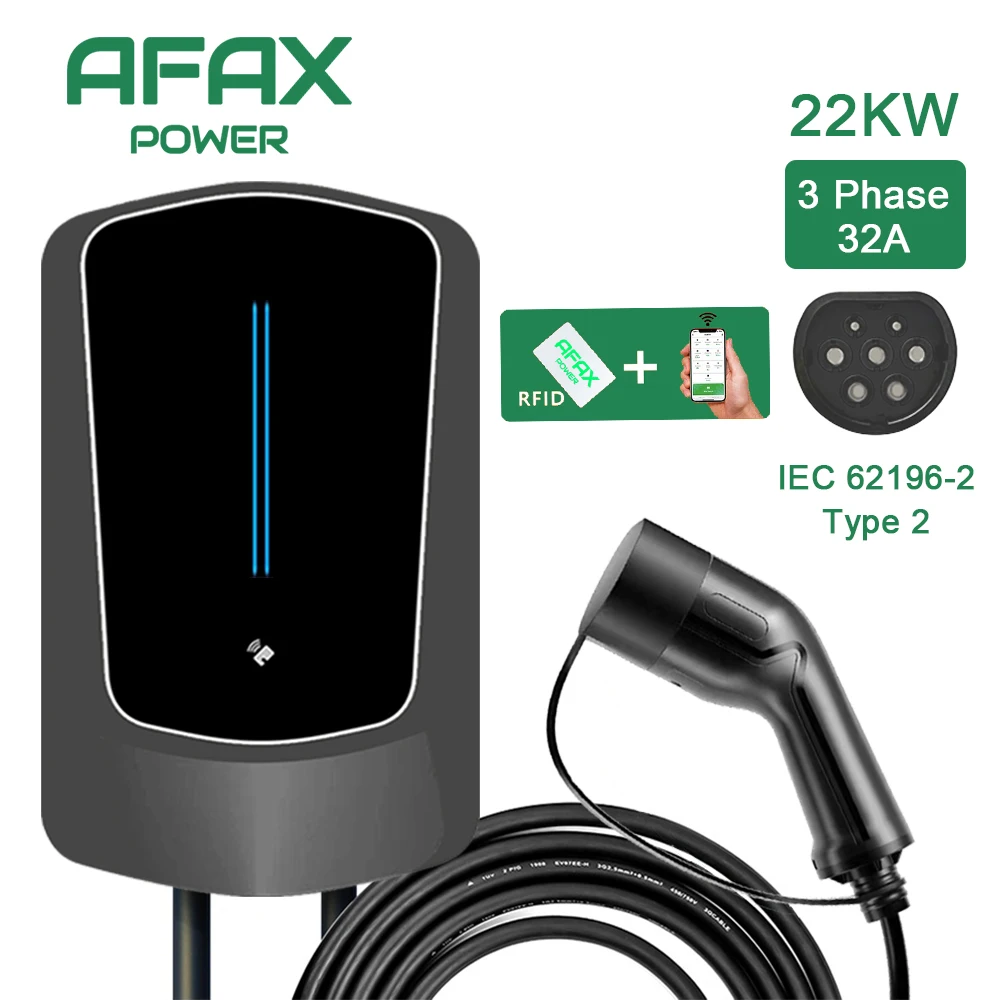 AFAX-estación de carga EV 32A para vehículo eléctrico, cargador de coche EVSE Wallbox Wallmount 7,6/11/22KW, Cable tipo 2, Control por aplicación IEC62196