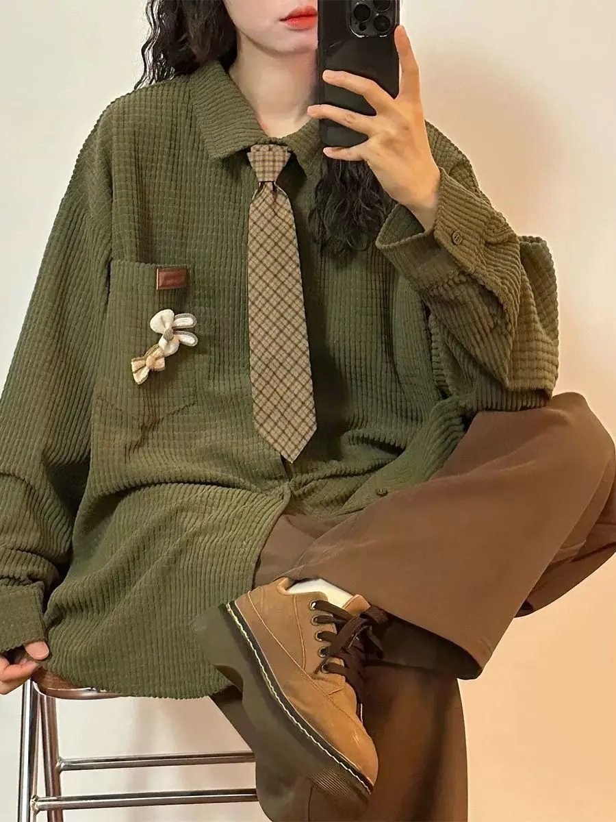 Spring and autumn American retro loose lazy wind neutral wind solid color Waffle long sleeve casual shirt top tide