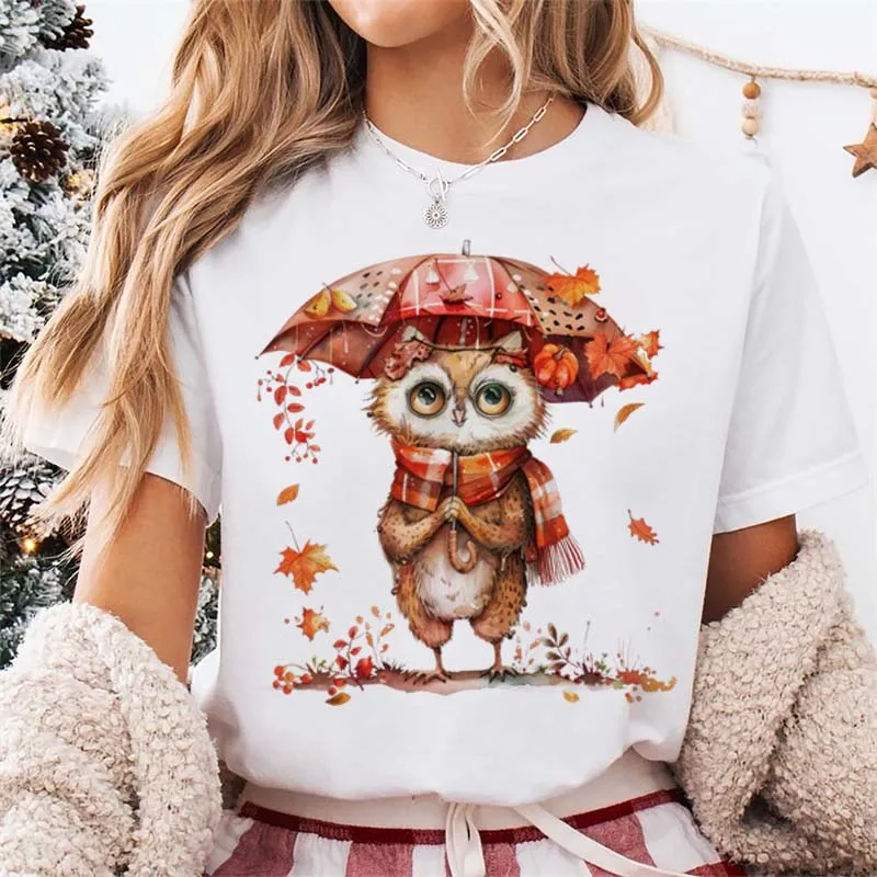 

Женская футболка с базовым принтом, милый шарф с изображением совы, зонтик, рождественский узор с круглым вырезом, праздничная модная женская футболка с короткими рукавами
