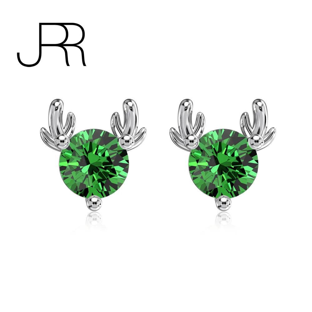 JRR New Christmas Green Red Elk Deer 925 Sterling Silver Gold Plated Created Moissaniate Earring Party Girl's Gift Free Shipping