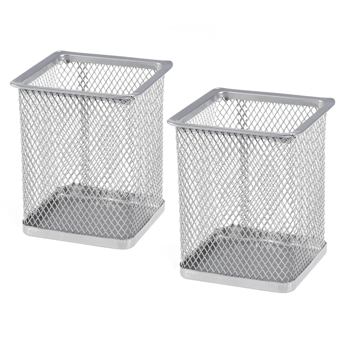2Pcs Metal Pencil Organizer Hollow Square Mesh Design Sturdy Not Easy to Break Portable Pen Pot for Students Office Home