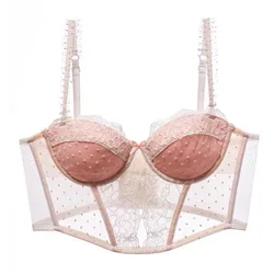 French Romantic Sexy Polka Dot Mesh Pure Desire Soft Steel Ring Thin Gathered Bra Lengthening Bra Vest Shaping Underwear