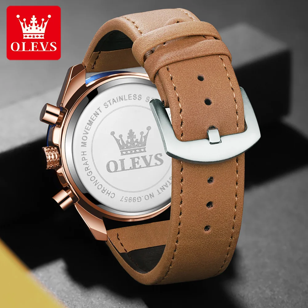 OLEVS Sports Chronograph Quartz Watch for Men Leather Waterproof Luminous Date Moon Phase Mens Watches Top Brand Luxury Clock