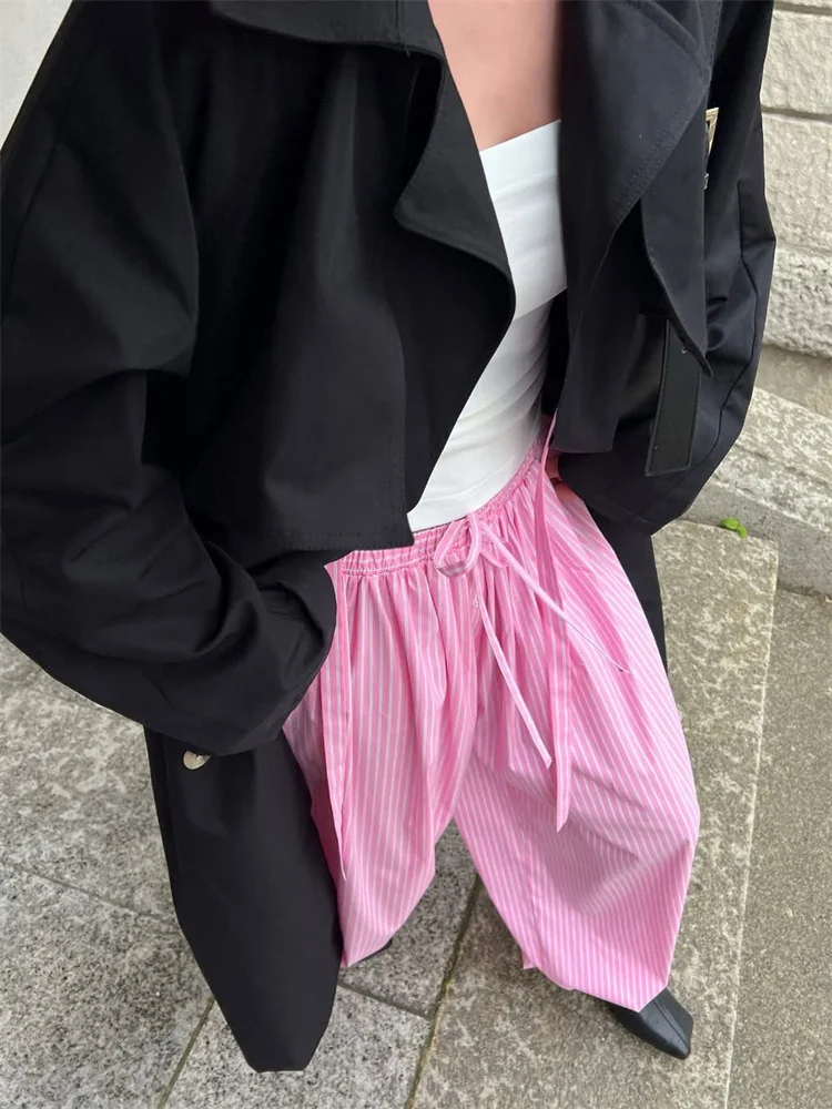 Women's Striped Lace-Up High-Waist Loose Casual Pants