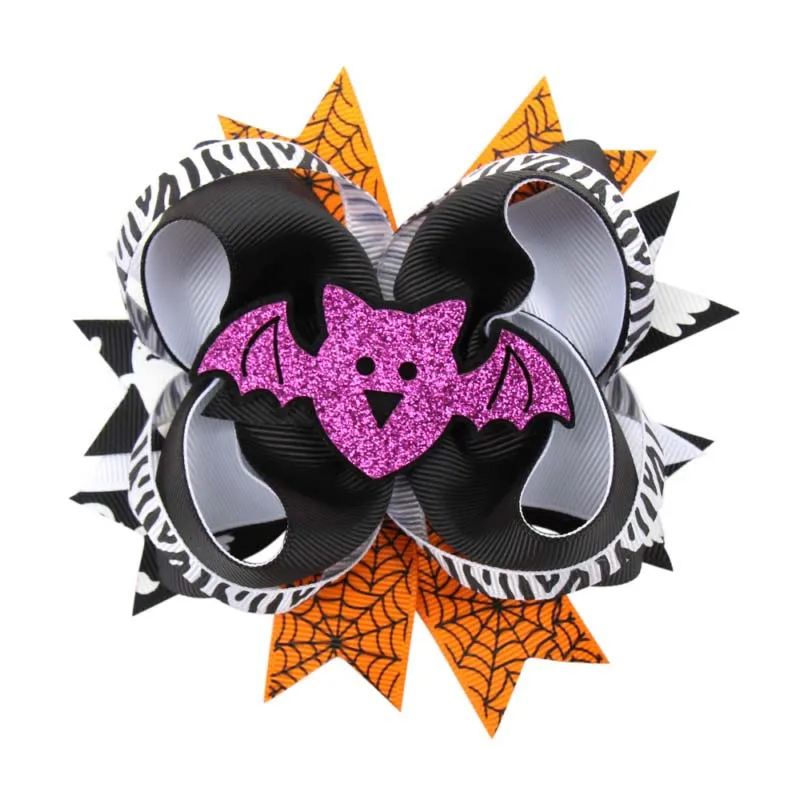 ncmama Multi-layer Swallow Tail Bow Hairpin Halloween Hair Clips for Girls Cute Pumpkin Spider Print Barrettes Hair Accessories