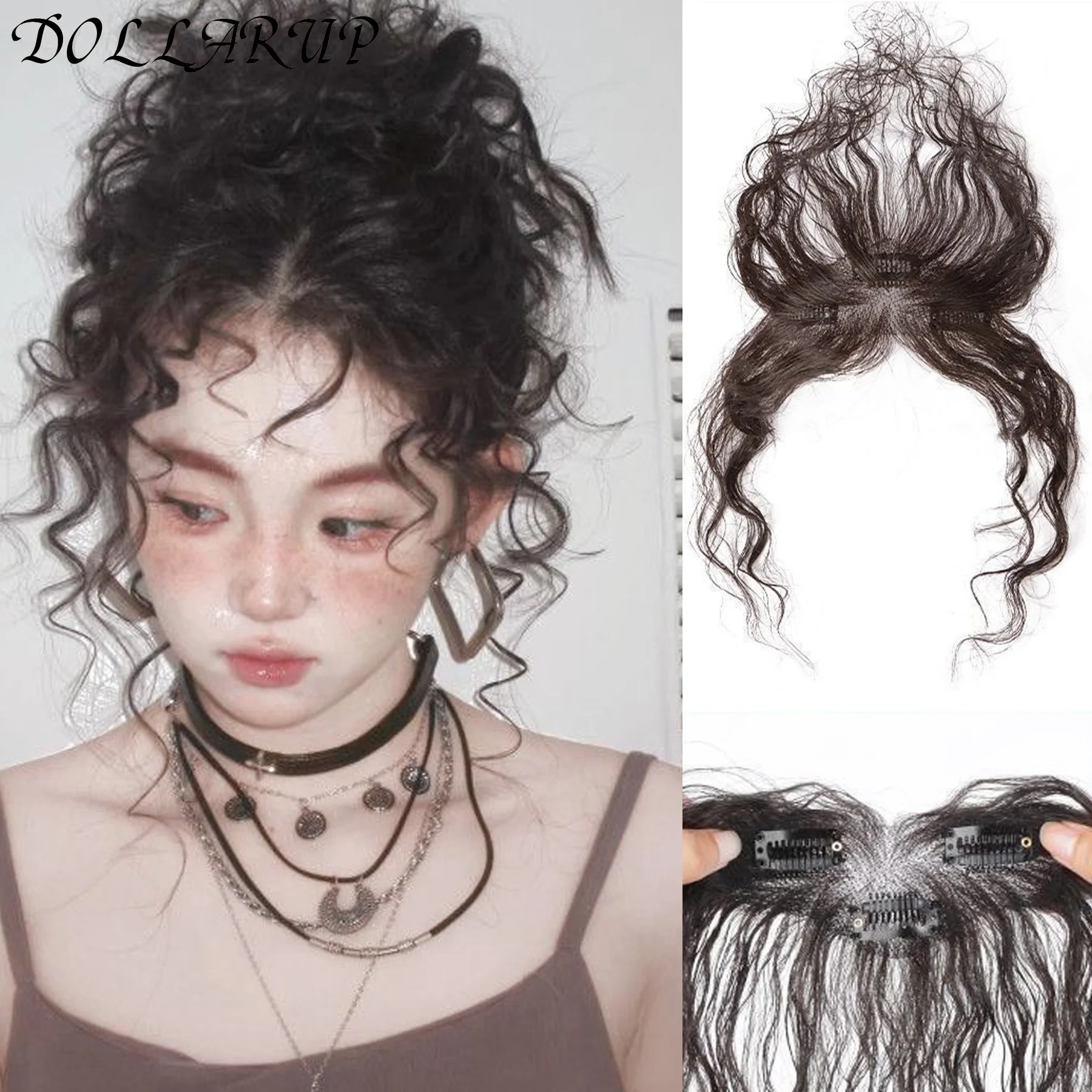 

Lightweight Breathable Real Human Hair Front Bangs Curling Fake Hair Piece for Women Natural Looking Wooly Cute Atmosphere Feeli