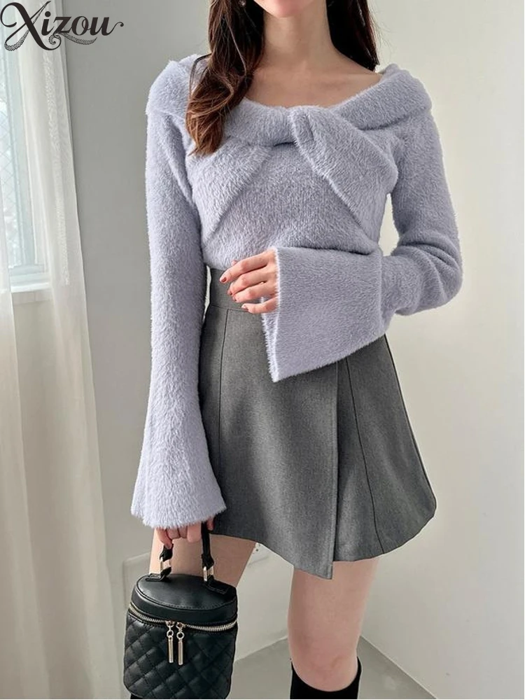 

Корейские японские милые сексуальные женские вязаные топы, осень-зима, завязанный узлом на талии, плюшевый колокольчик с круглым вырезом, тонкий однотонный свитер Fufu