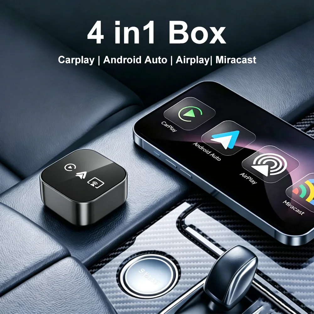 4 in 1 Wireless CarPlay Adapter Wired to Wireless Android Auto AirPlay Miracast Mini USB Dongle Plug & Play 5G WiFi Bluetooth
