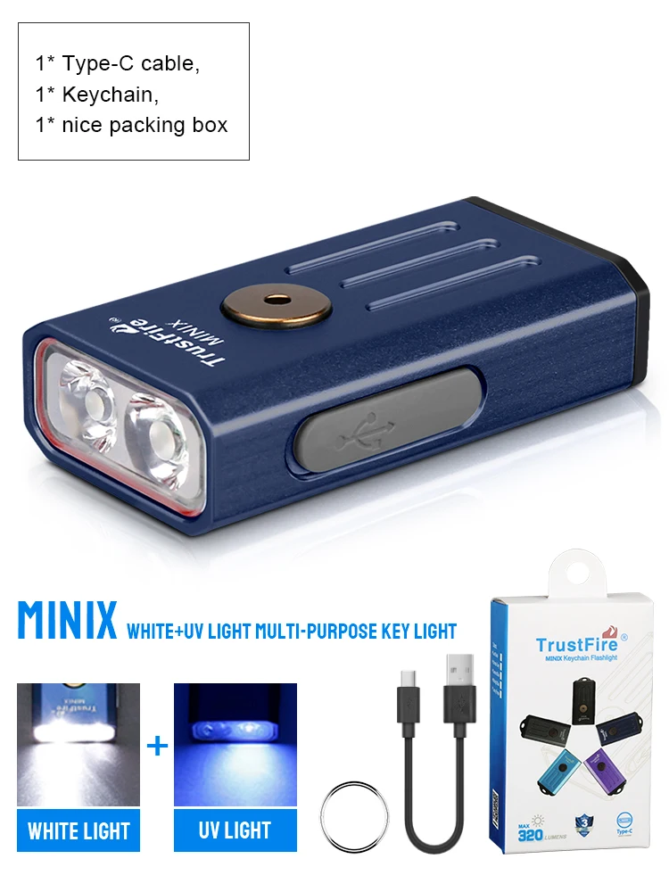 Trustfire Minix Mini EDC-Taschenlampe, Schlüsselanhänger, 320 lm, 365 nm, UV-Lampe, rotes Licht, Typ C, USB wiederaufladbar, bunt, Geschenk, 2 Modi, LED-Taschenlampe 8