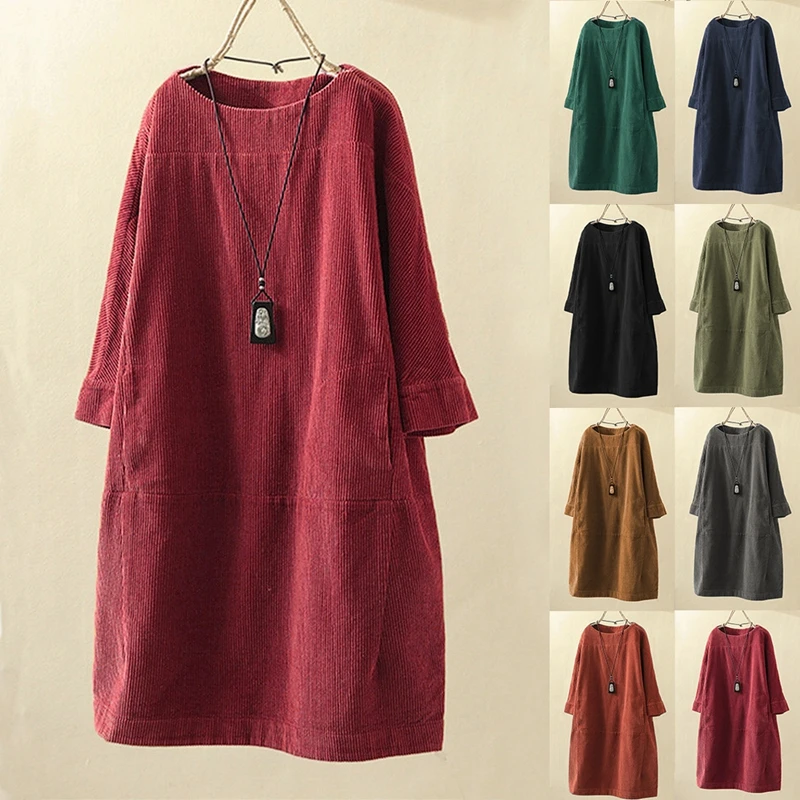 

2022 Autumn Plus Size Casual Dress 8XL 7XL 6XL Fashion Ladies Round Neck Seven Minute Sleeve Pocket Solid Color Loose Dress