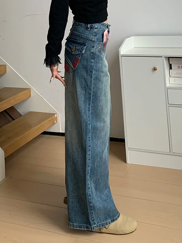 레트로 아메리칸 자수 나이프 와이드 레그 진 루즈핏 여성용 가을 겨울 스트레이트 컷 플로어 길이 낫바지