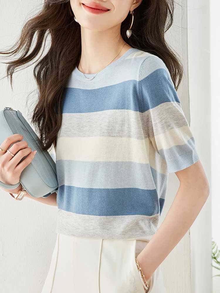 Striped T-shirt for Women 2024 Summer Basic White O-neck Short Sleeve Top Women's Knitted T-Shirt Office Knitwear Tee