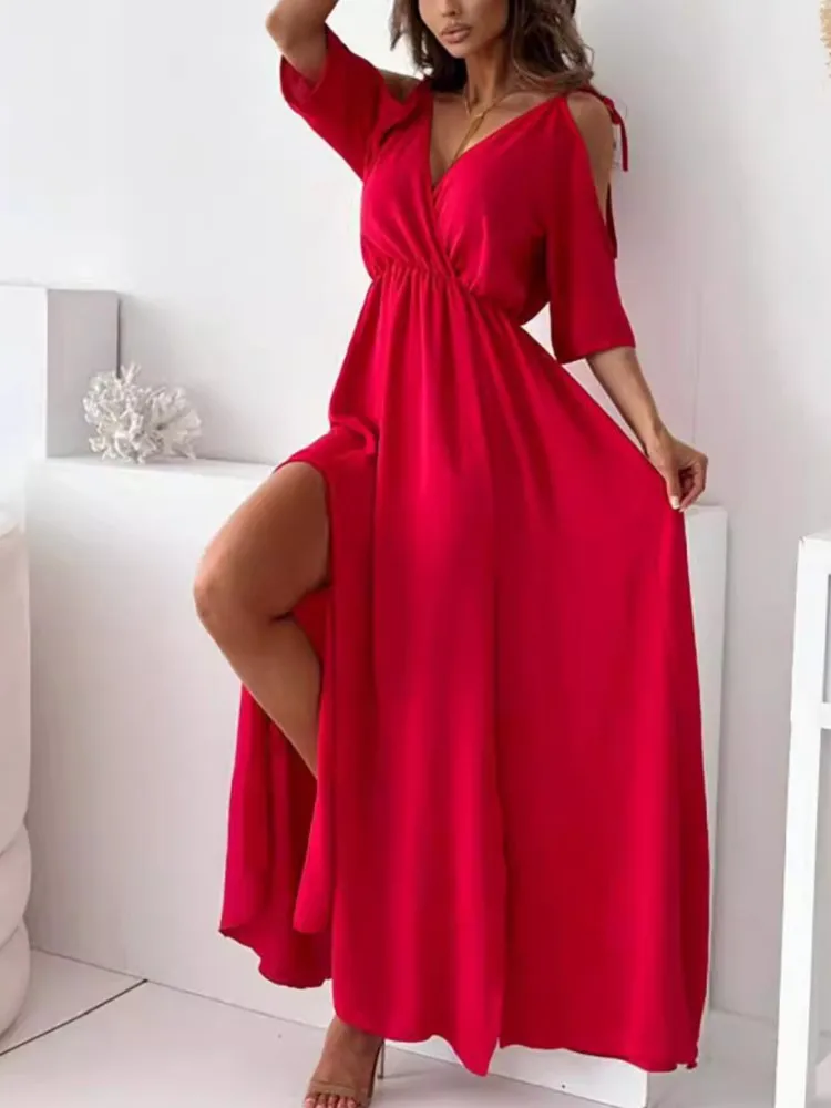 

Women's Simple Solid Color Sexy Hot Girl Style Suspender Half-sleeved Dress Fashion Shoulder Sleeve Elastic Waist V-neck Dress