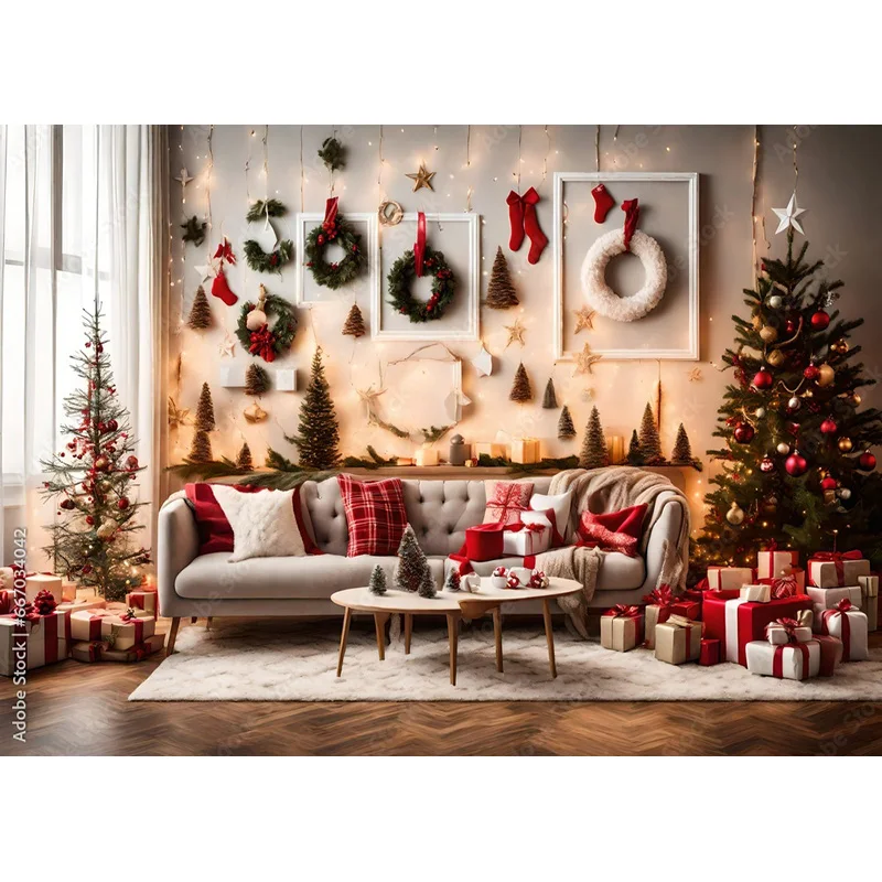 SHENGYONGBAO Christmas Tree Window Candy Photography Backdrop Room Interior Decoration With Pine New Year Background Prop NZ-01