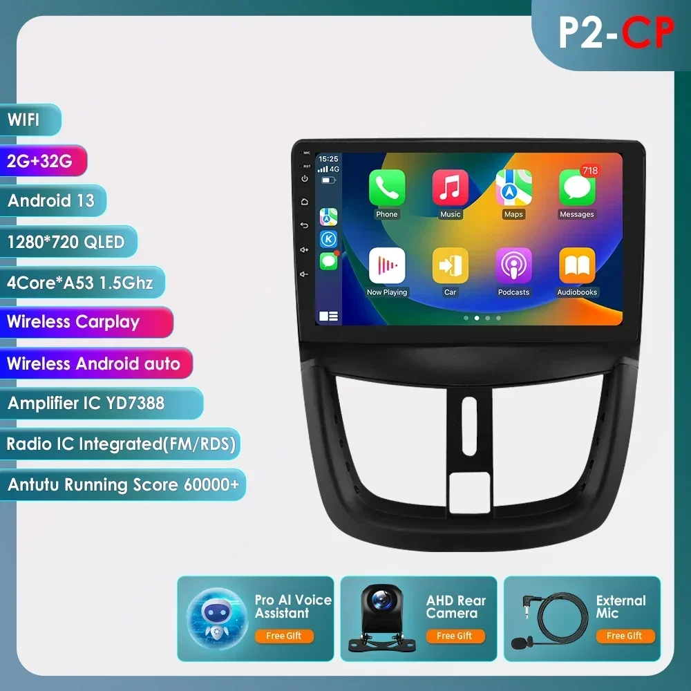 360Camera Carplay Android 13 Auto Radio Voor Peugeot 207 207cc 2006-2015 Auto Multimedia Speler Navi Gps 2din Autoradio Dsp Geen Dvd