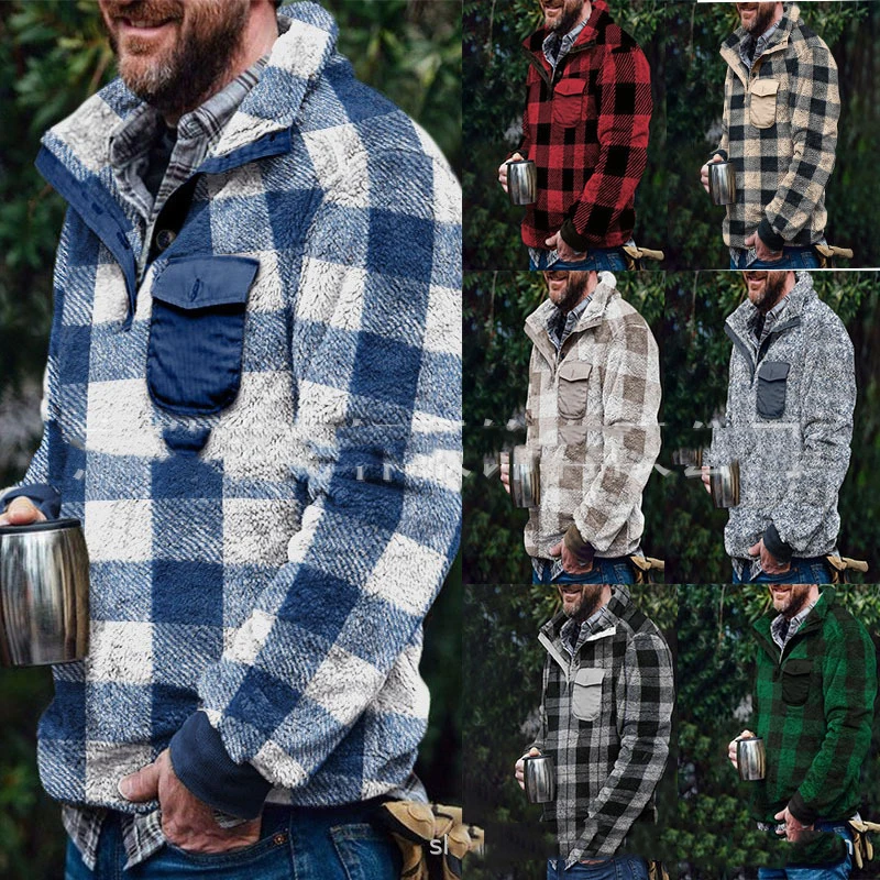 Plaid Plush Jacket Mens Fall Winter Turn-down Collar Pullover Jackets Rib Sleeve Plus Size Loose Mens Clothing