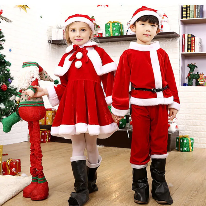 Christmas Dress Santa Claus Costume X-Mas Clothing Outfit Set Dress/Pants Tops Hat Cloak Belt For Boys Girls Cosplay Clothing