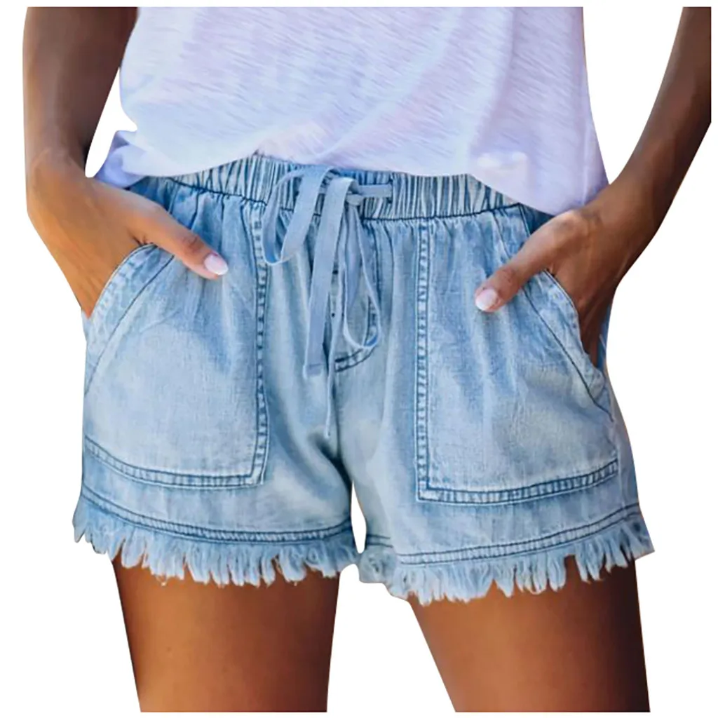 Jean Shorts for Women's Drawstring Elastic Waisted Casual Denim Shorts with Pocket Tassel Hem Soft Summer Trendy Jeans image 2