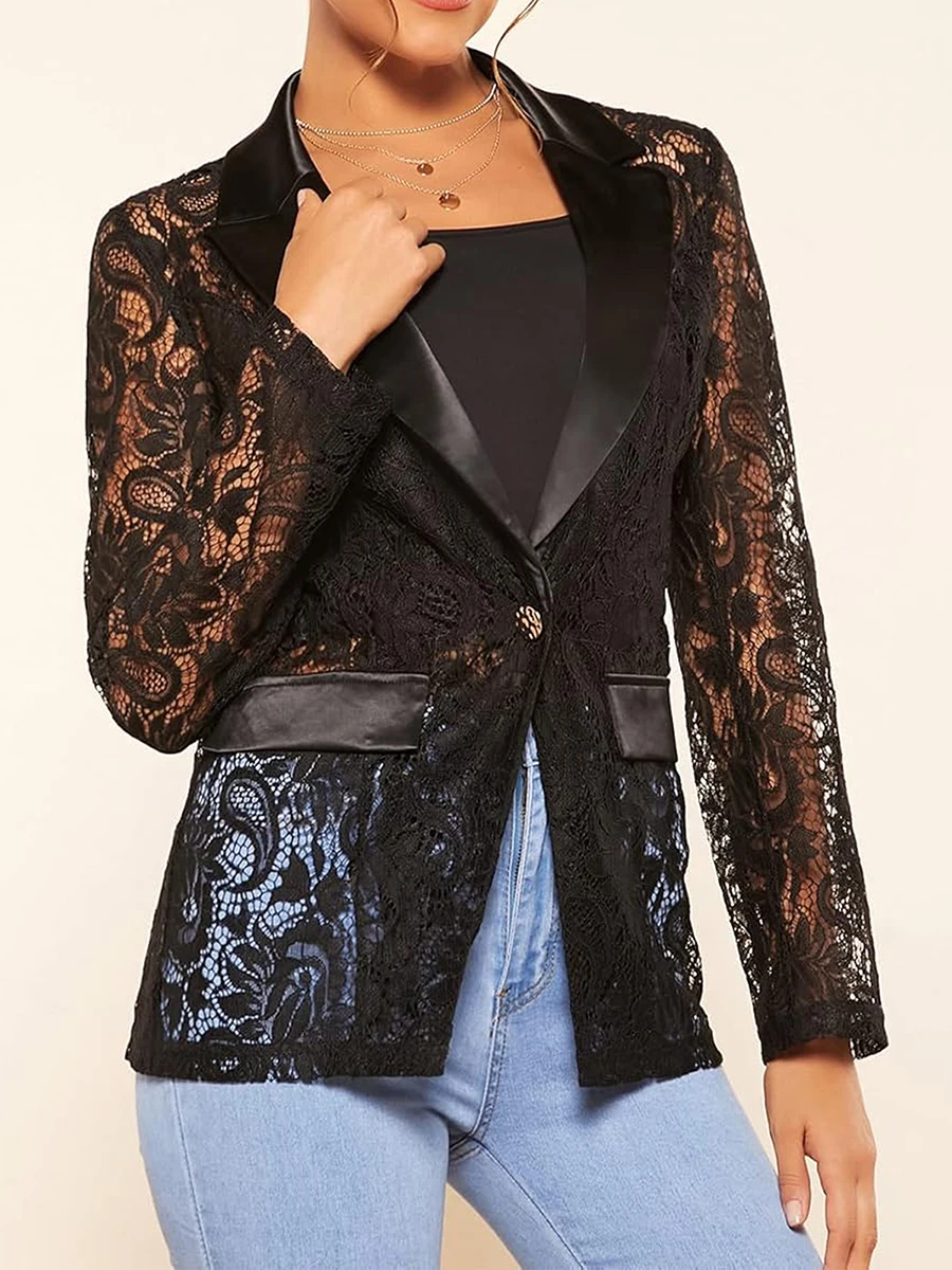 Women s Fashion Blazer Floral Lace Mesh Single Button Lapel Long Sleeve Elegant Jacket Blazer