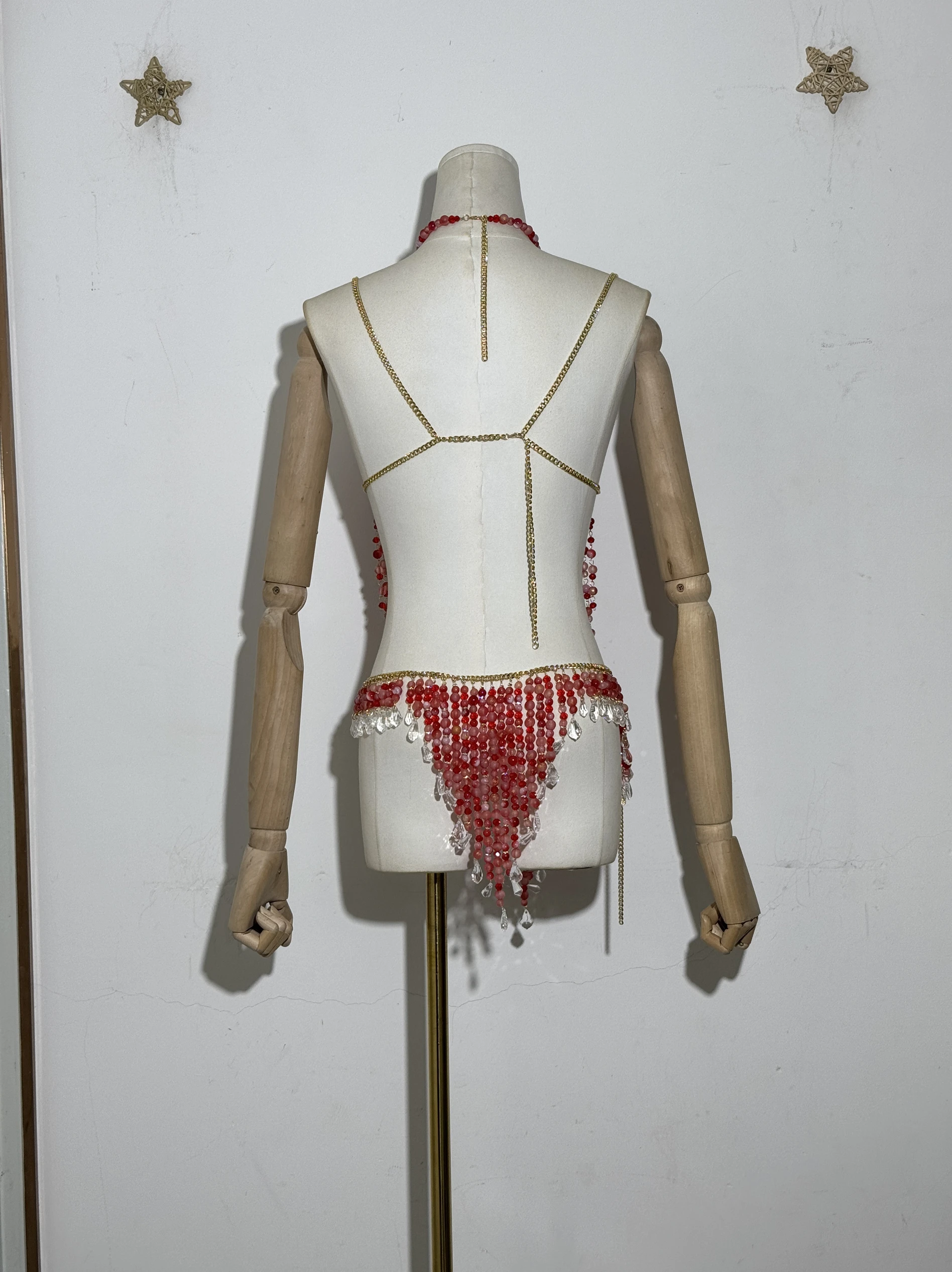 Sexy femmes à la main corps chaîne bijoux de mode Bikini soutien-gorge perlé licou romantique débardeur Beahwear voir à travers Lingeie