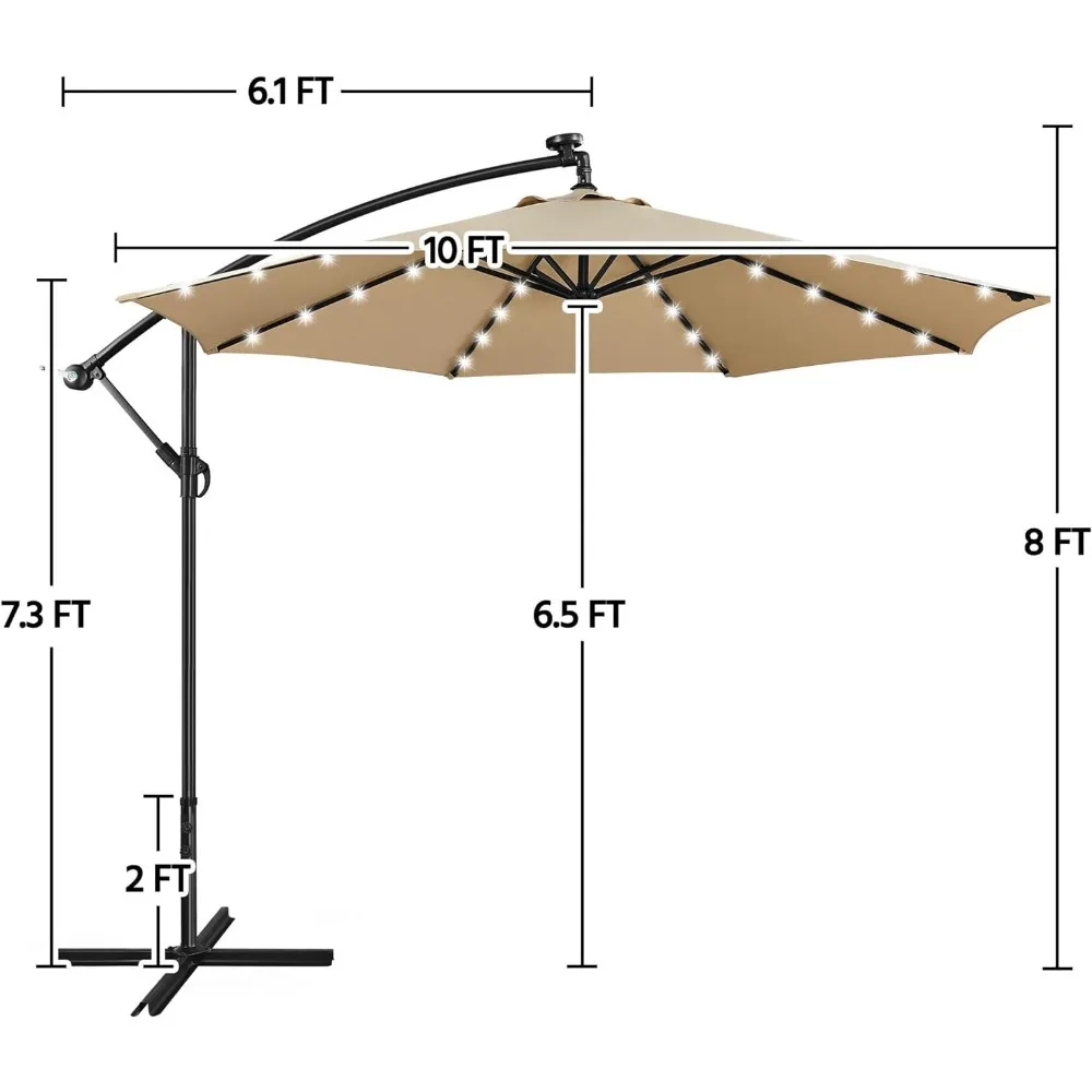 Solar Offset Umbrella com 32 luzes LED, manivela acessível, base cruzada, cantilever, ao ar livre, praia, quintal