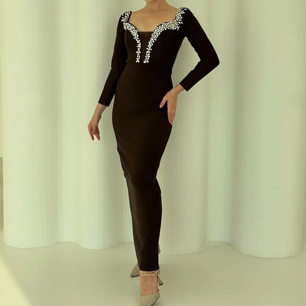 

Прямые вечерние платья по индивидуальному заказу длиной до щиколотки с квадратным воротником и длинными рукавами, платье для выпускного вечера, простое модное вечернее платье с кристаллами и открытой спиной