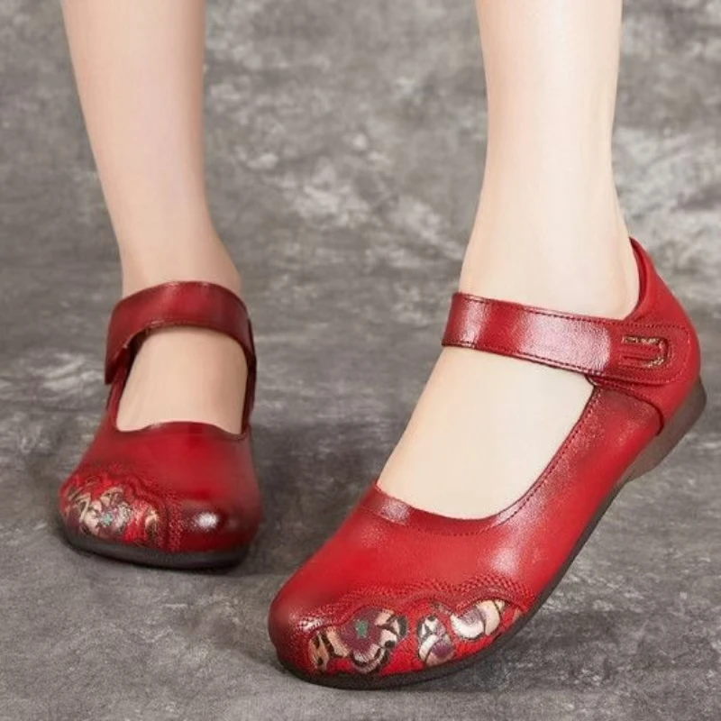 

Женская повседневная обувь из натуральной кожи в этническом стиле, высокое качество, весенне-осенняя мягкая подошва с круглым носком и липучкой, легкая обувь для мам на плоской подошве