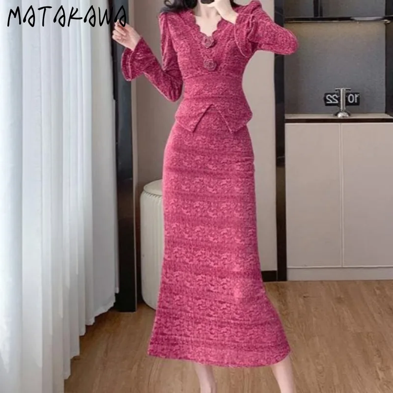 

Matakawa Lace Skirts Sets Autumn Winter Solid Elegant V Neck 2 Pieces Set for Woman Outfits Korean Fashion Conjuntos Femininos