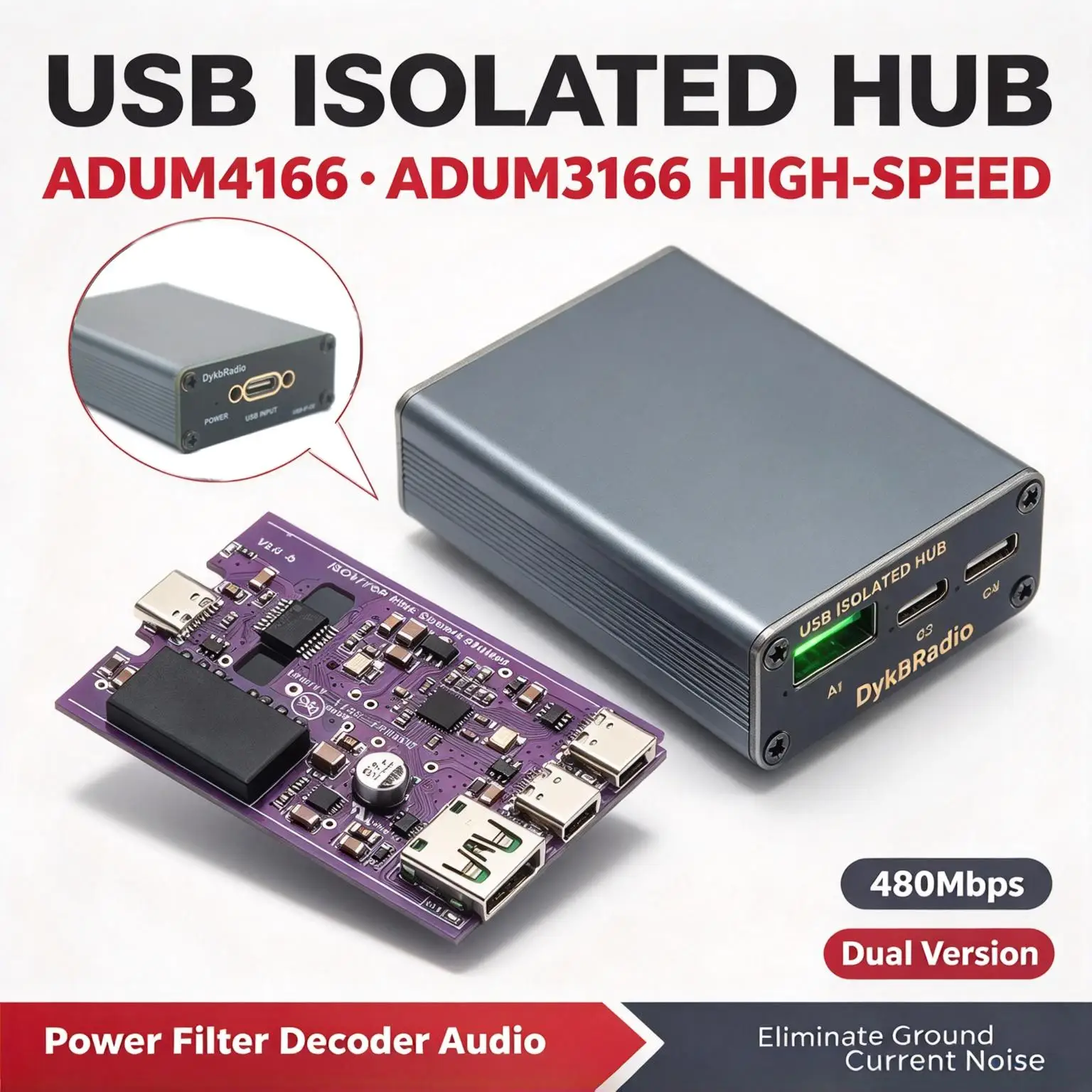 DYKB USB Isolator 480Mbps Digital Isolation Hub ADUM3166 for Audio DAC Decoder ROS Robot Ground Noise Eliminator HiFi Debugging