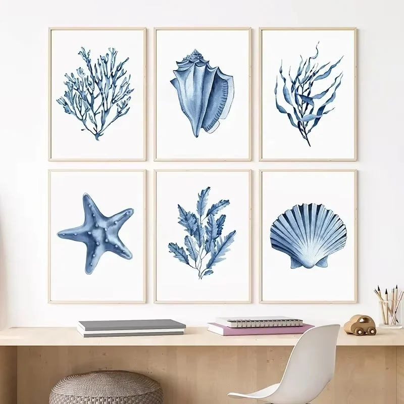 2026 Coral Seaweed Starfish Shell Conch Navy Blue Posters Prints Wall Art Canvas Painting Pictures For Living Room Decor
