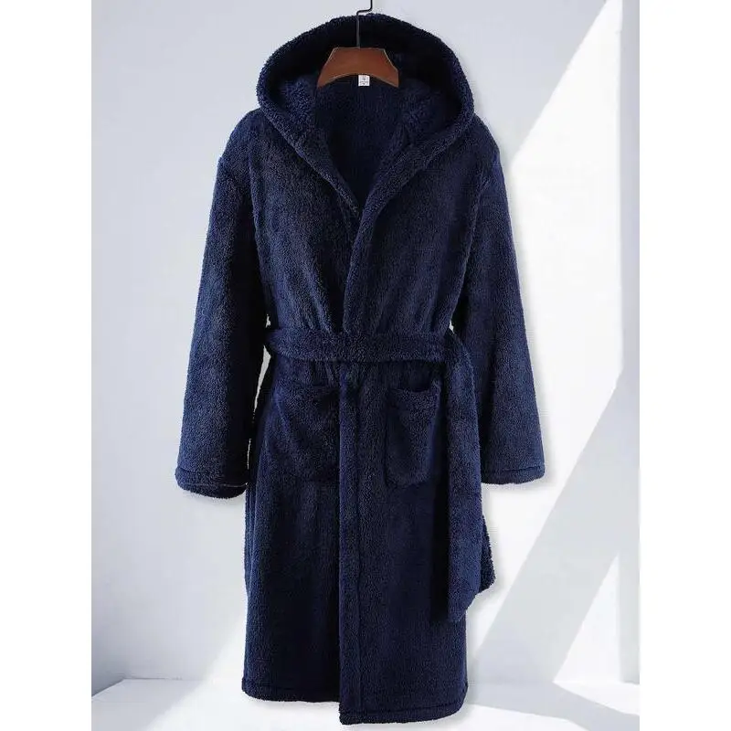 Men's Drop Shoulder Dual Pocket Belted Hooded Robe Comfortable Casual Sleepwear Bathrobe for Couples Autumn Season