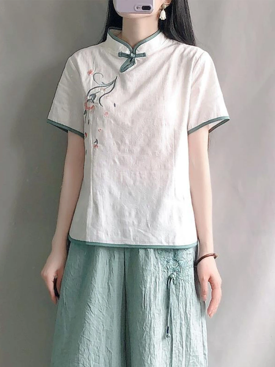 

Retro Floral Cotton Linen Shirt Chinese Zen Style Stand Collar Button Short Sleeve Summer Top Women's Traditional Tea Costume
