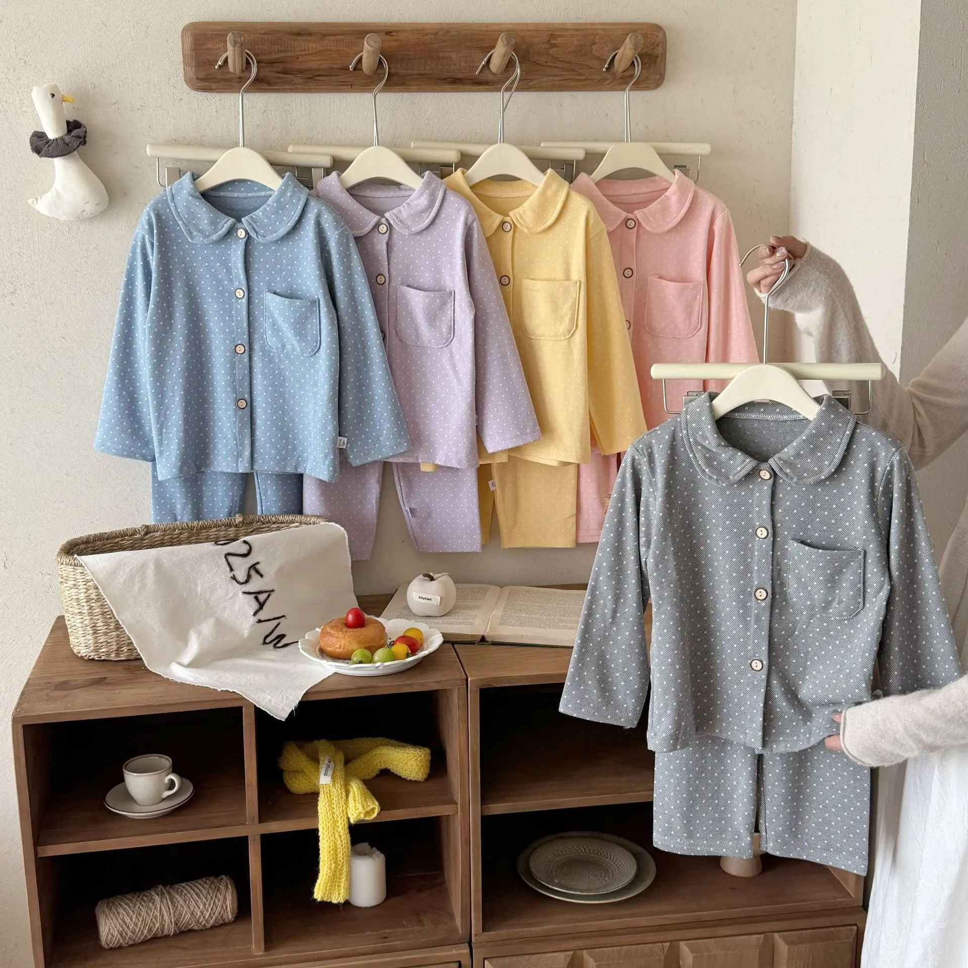 Kids Polka Dot Pajama Set Long Sleeve Two-Piece Set Boys Girls Cute Cardigan Home Clothes Sleepwear for Spring Autumn Daily Wear