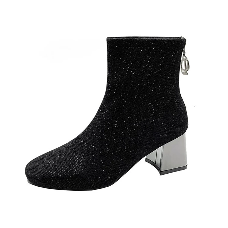 Elastic Sequined Cloth Women Sexy Sock Boots Autumn Metal Square Heels Ladies Office Shoes Party Pointed Black Female Ankle Boot