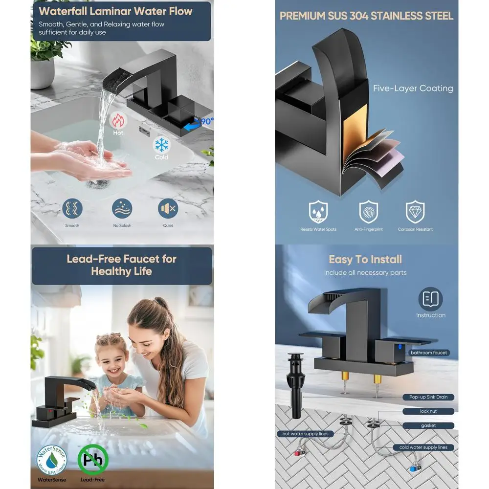 

3-Hole Matte Black Centerset Bathroom Faucet with Pop-Up Drain, 4 Square, 2 Handles, 2 Hoses, Lead-Free Stainless Steel for RV V