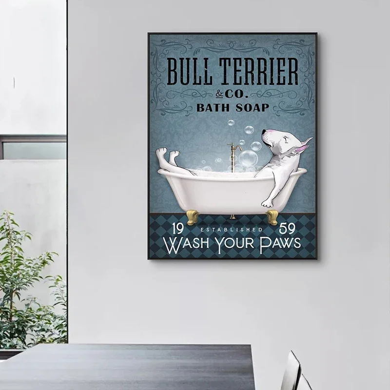 Modern Minimalist Wall Art Cute Animals French Bulldog Bull Terrier Dog Bathing Soap HD Canvas Print Poster Bathroom Decoration