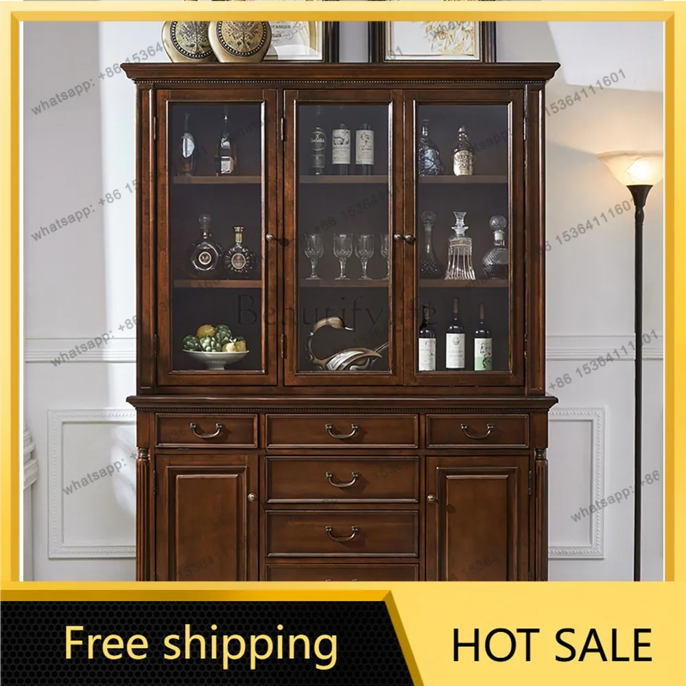 FG American Style Solid Wood Three-Door Sideboard Living Room Vintage Storage Cabinet Wall-Mounted Decorative Storage Cabinet
